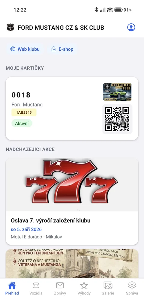 App overview — member card with QR code and upcoming events