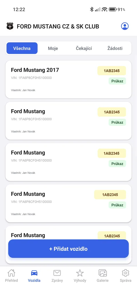 Club vehicle list with technical details